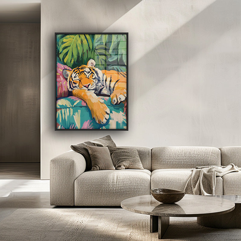 Painting of Boho Tiger in a black frame inside