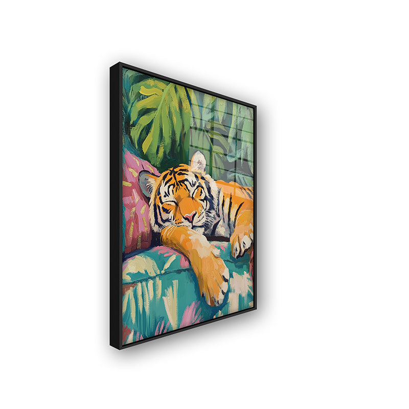 Painting of Boho Tiger in a black frame side view