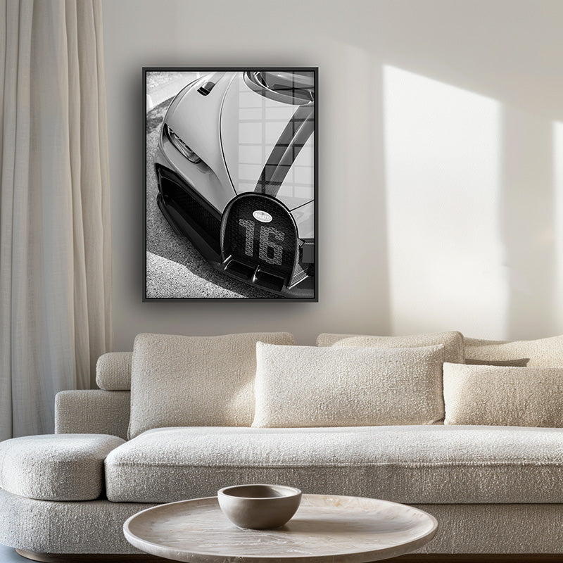 Painting of Bugatti 16 in a black frame inside