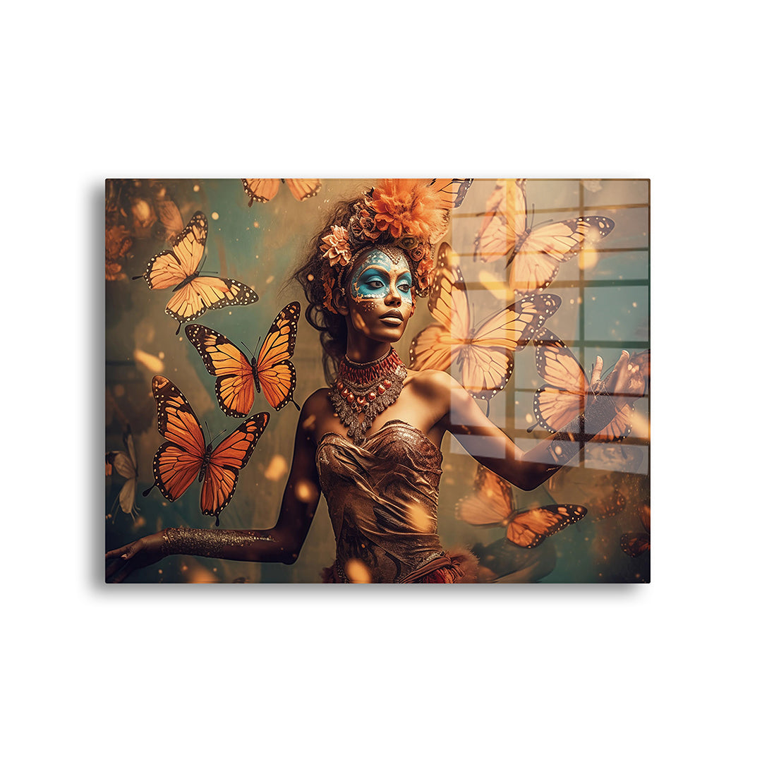 Butterfly Woman glass painting without frame, front view