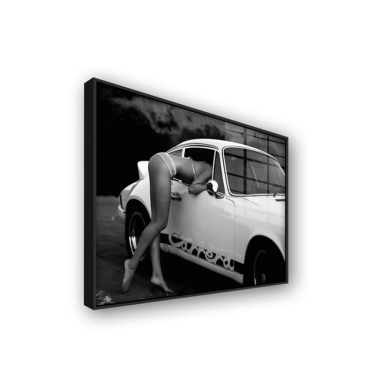 Carrera painting in a black frame side view