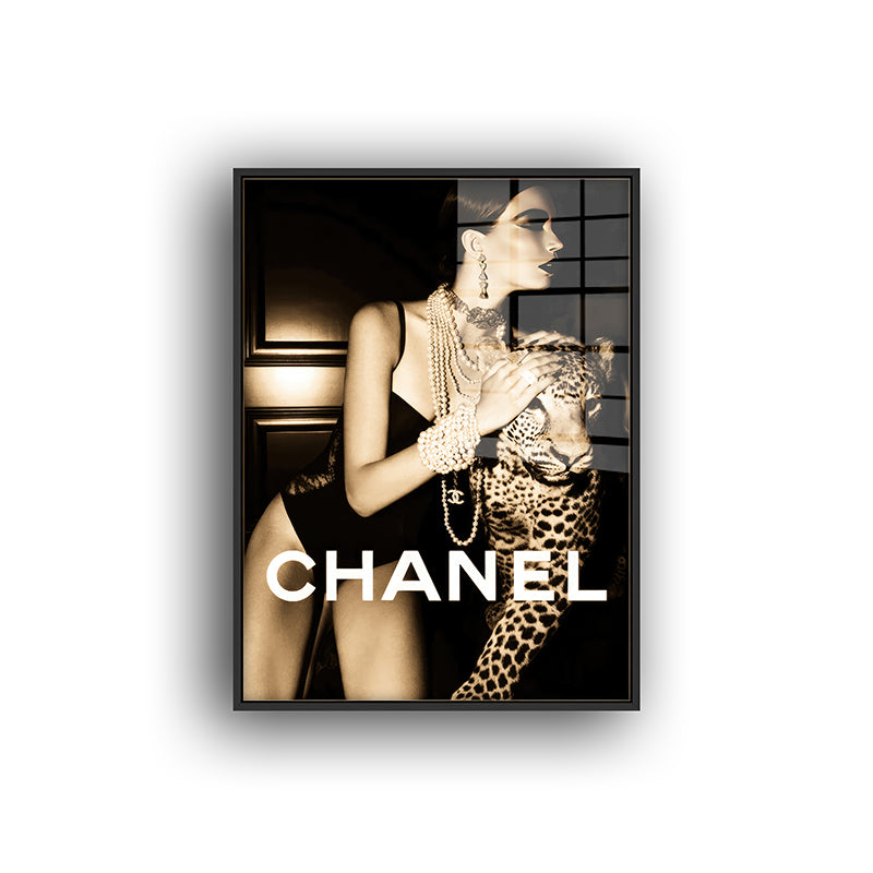 Color Painting of Chanel cheetah in a black frame inside