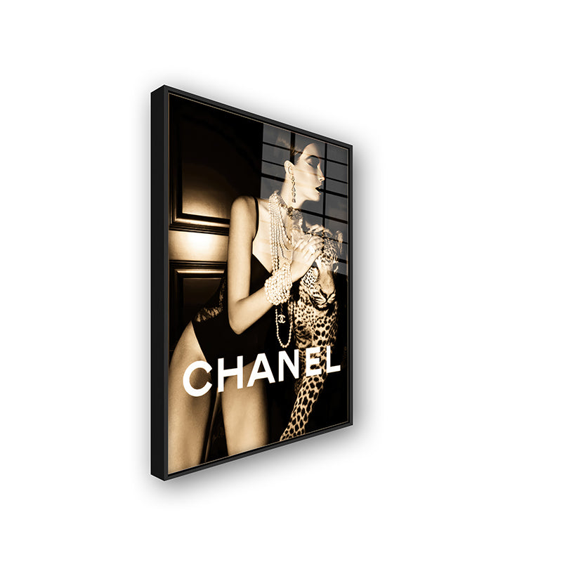 Color Painting of Chanel cheetah in a black frame side view