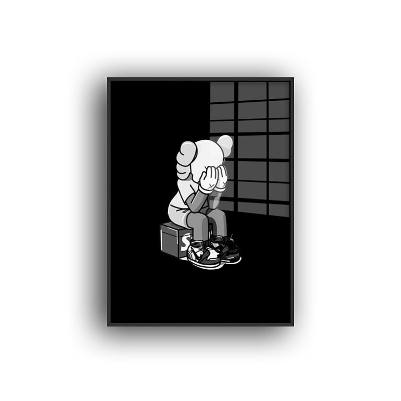 Painting of crying Kaws in a black frame frontview