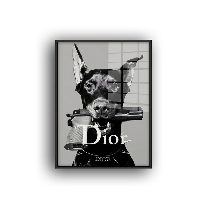 Painting of Dior dog in a black frame front view