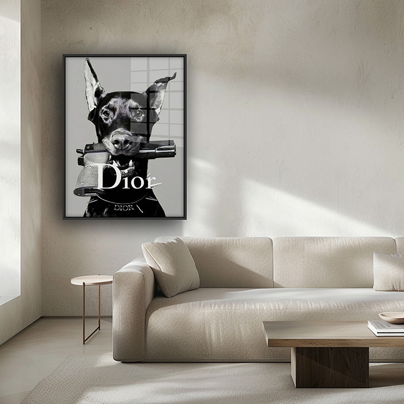 Painting of Dior dog in a black frame inside