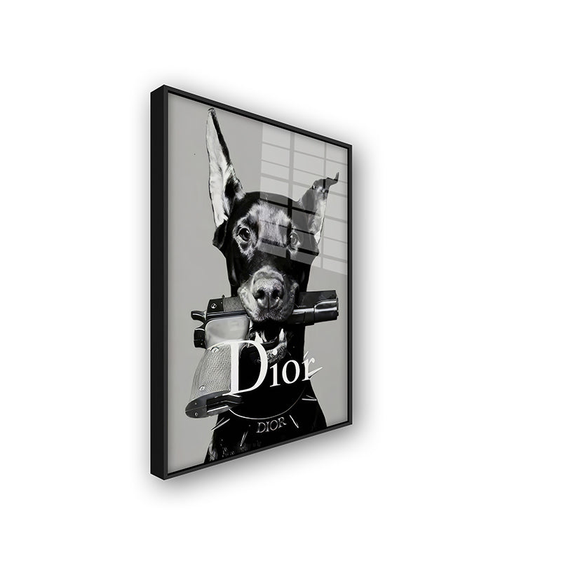 Painting of Dior dog in a black frame side view