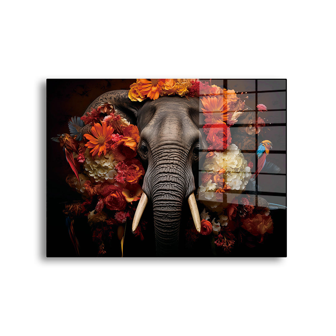 Elephant with Flowers glass painting without frame, front view