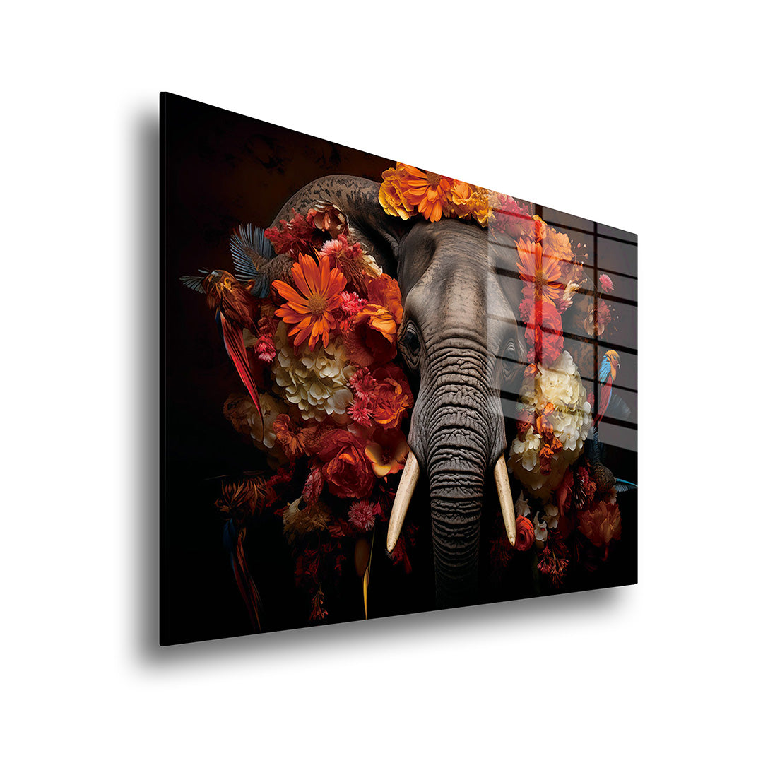 Elephant with Flowers glass painting without frame, side view