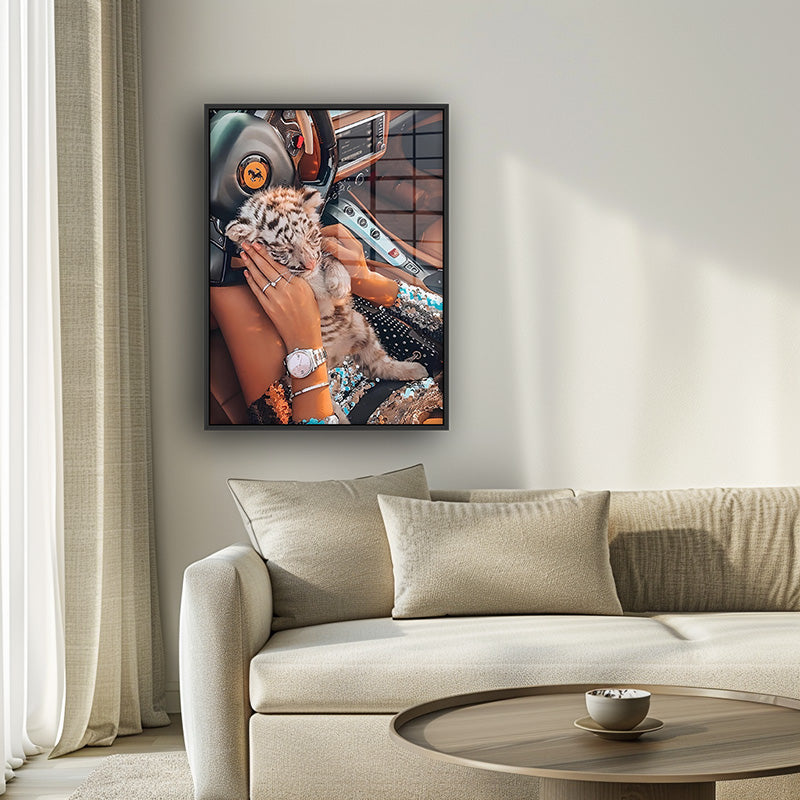 Painting of Ferrari Tiger in a black frame inside