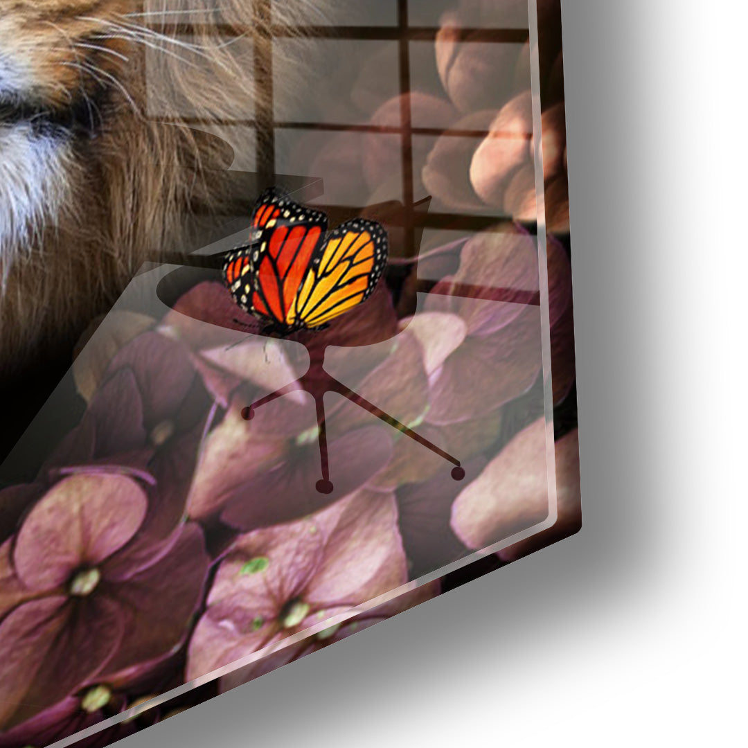 Flower lion glass painting without frame closeup