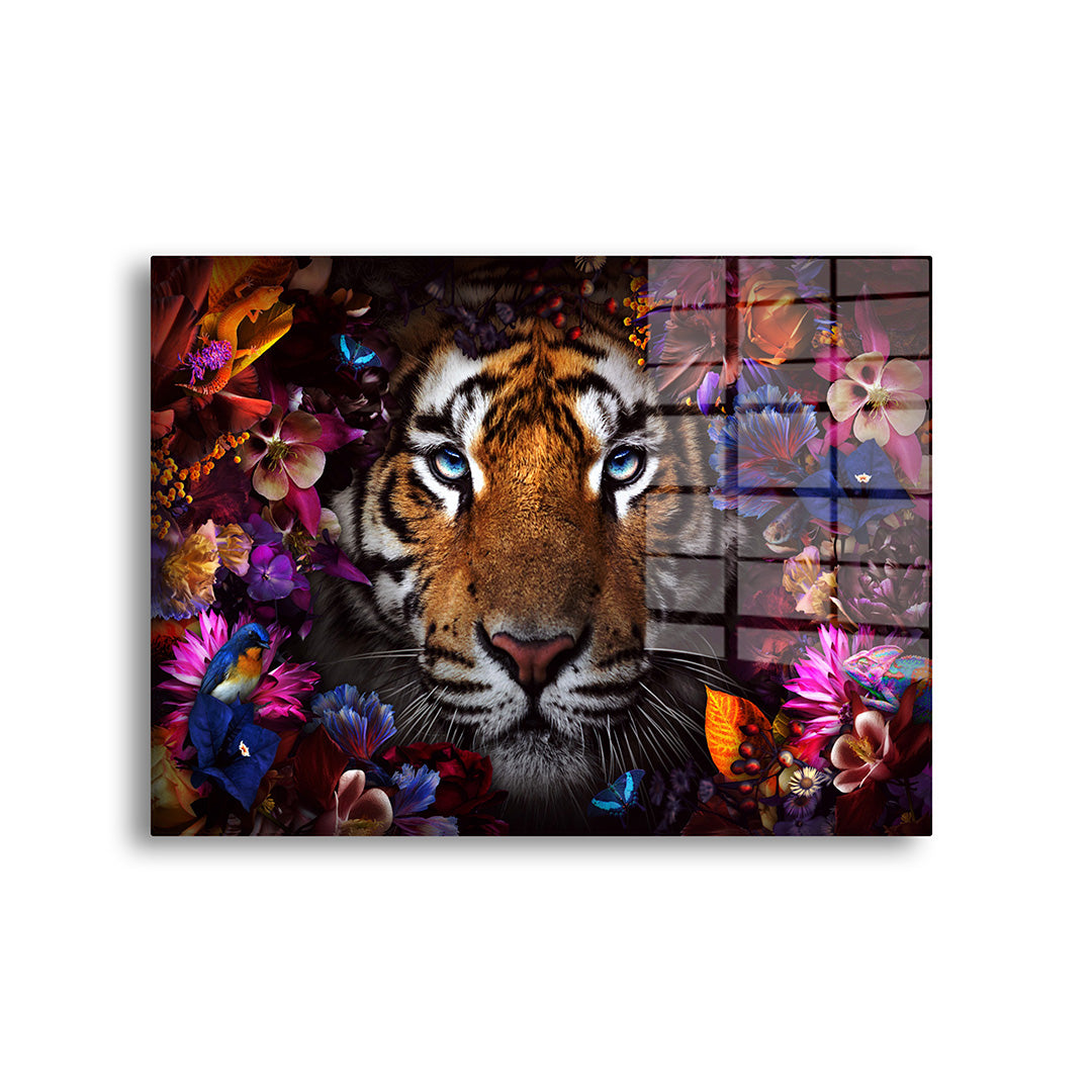 Flower tiger glass painting without frame front view