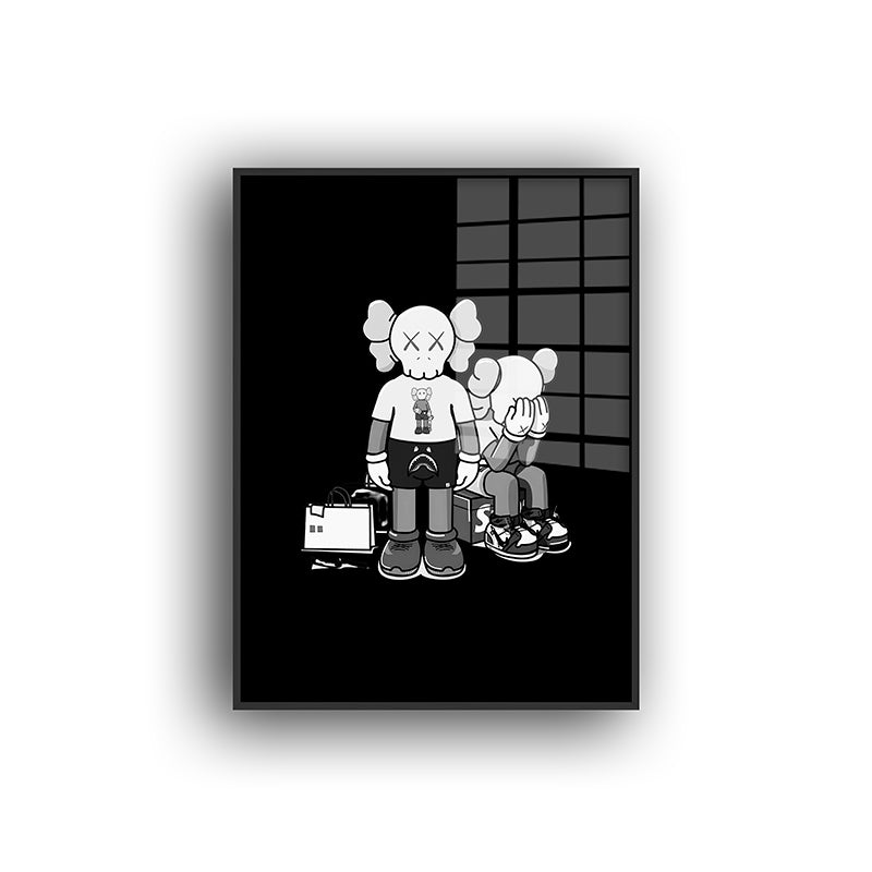 Painting of friends Kaws in a black frame front view