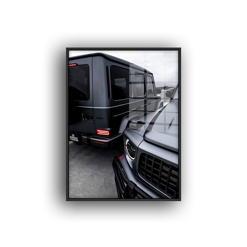 Painting of G Wagons in a black frame front view