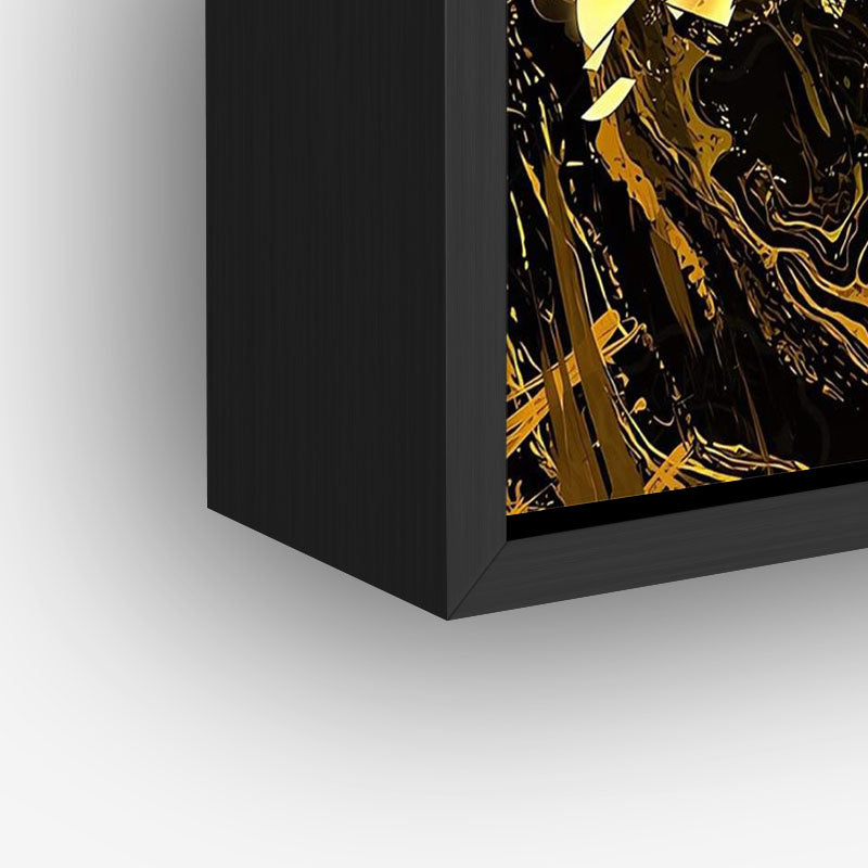 Golden Bitcoin painting in a black frame closeup