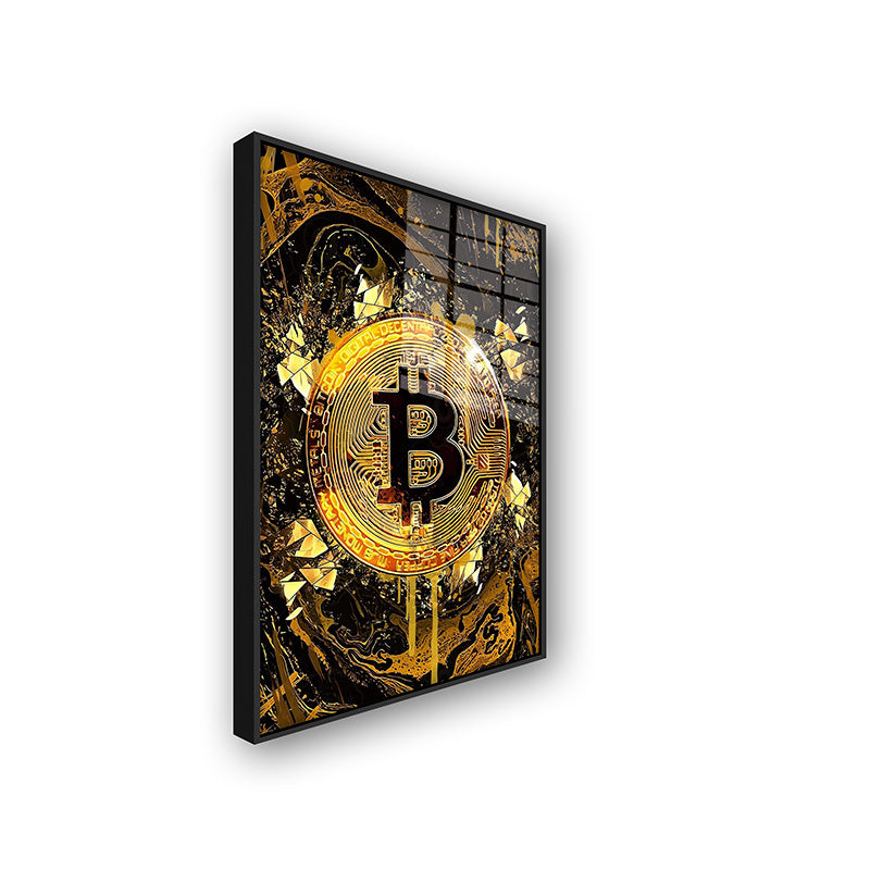 Golden Bitcoin painting in a black frame side view