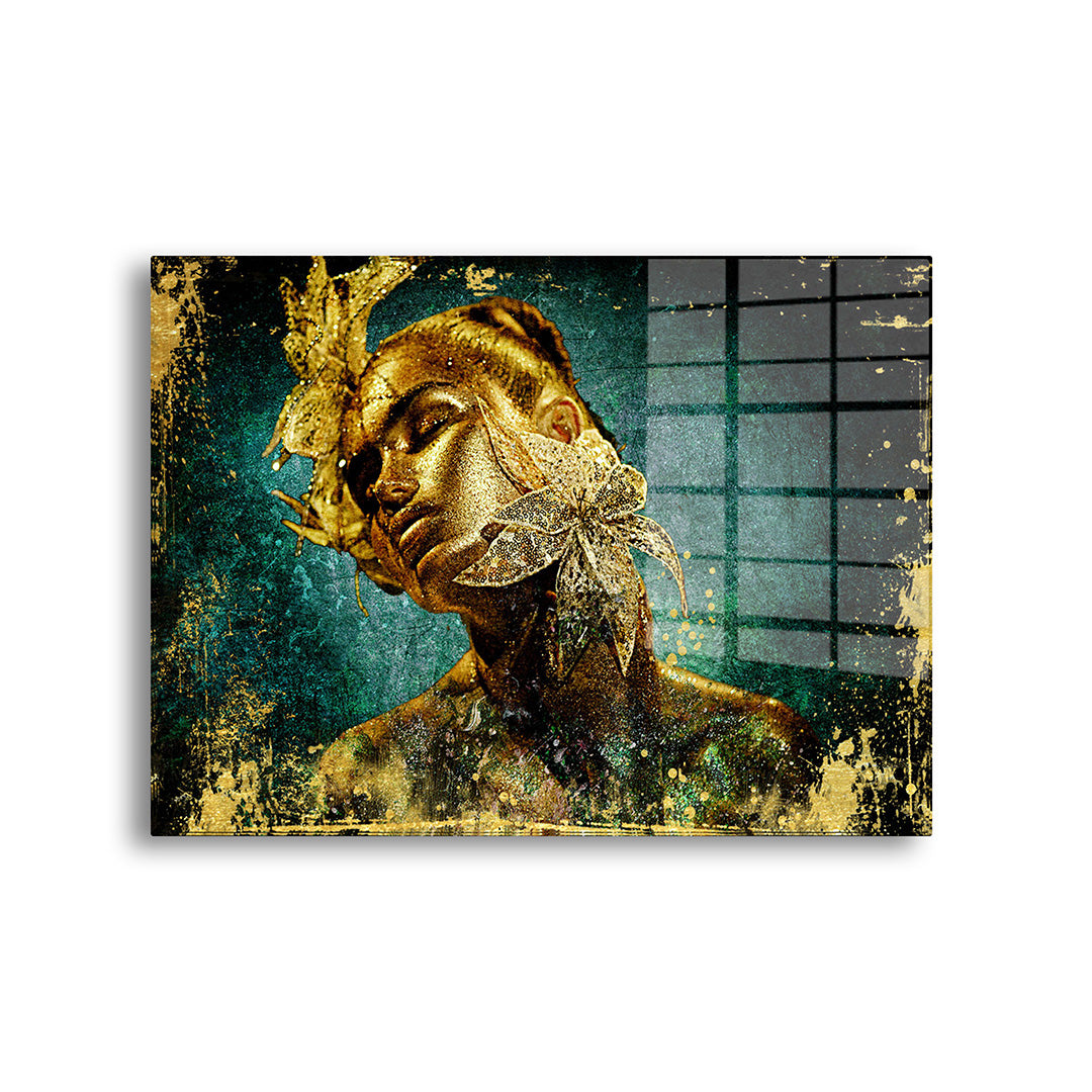 Golden flower woman glass painting without frame front view