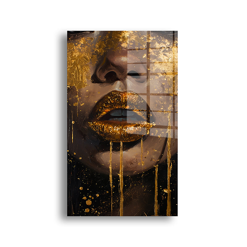 Golden lips glass painting without frame front view