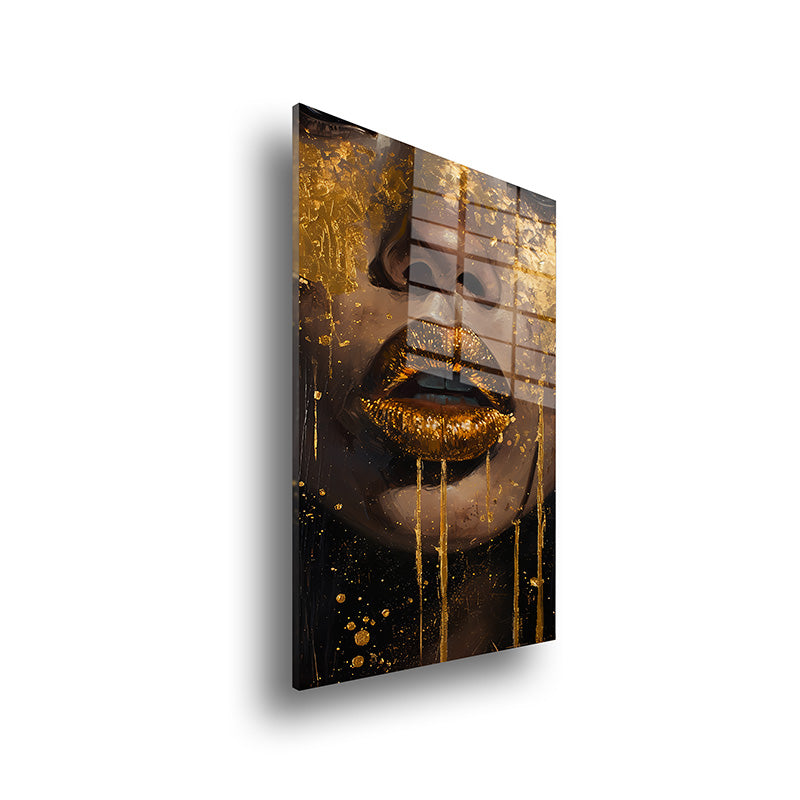 Golden lips glass painting without frame side view