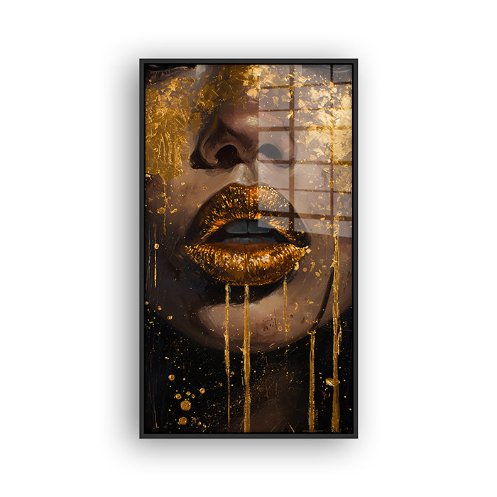 Painting of golden lips in a black frame front view