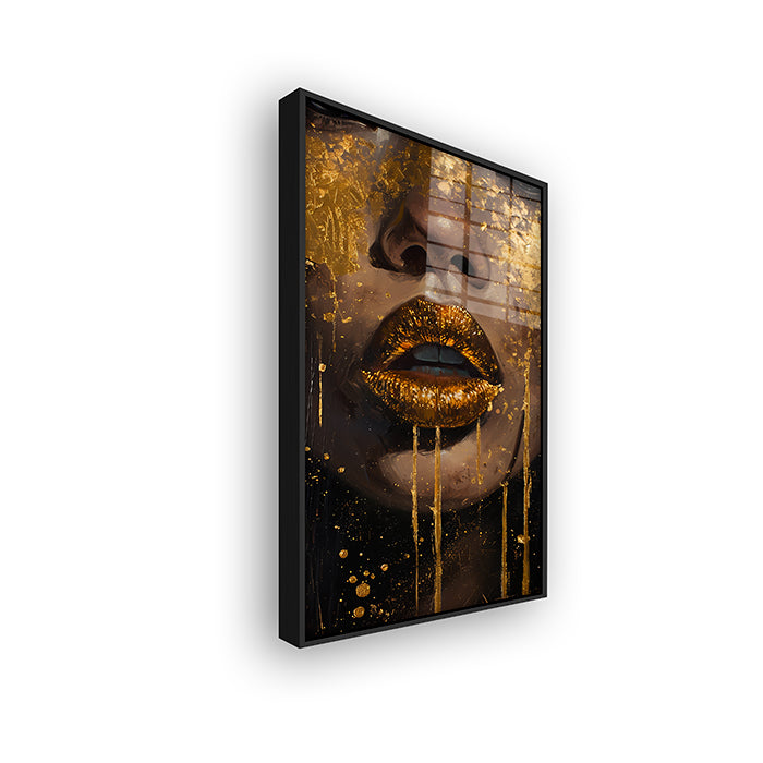 Painting of golden lips in a black frame side view