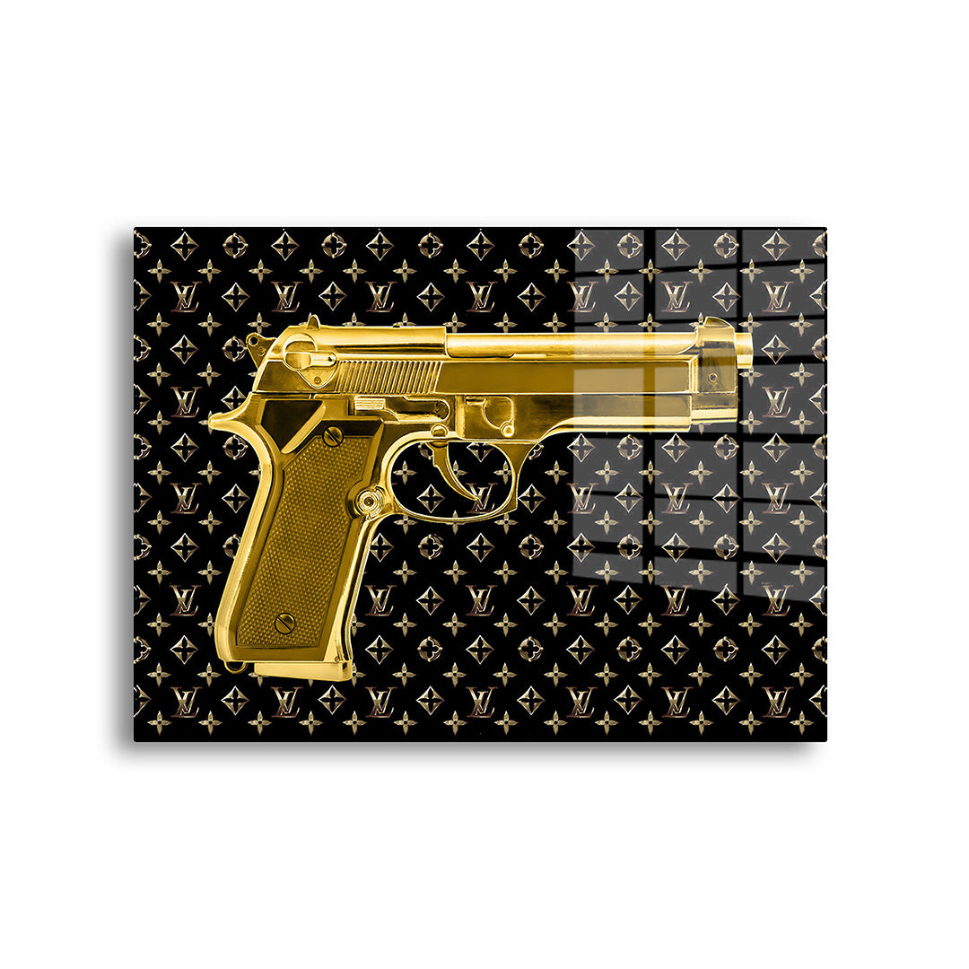 Golden Louis Vuitton gun glass painting without frame, front view.