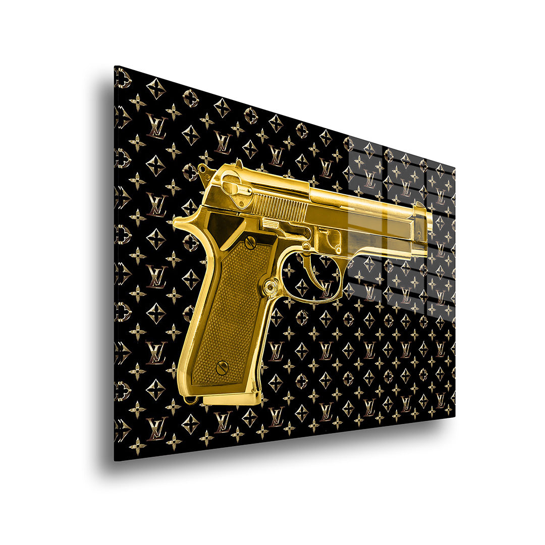 Golden Louis Vuitton gun glass painting without frame, side view.