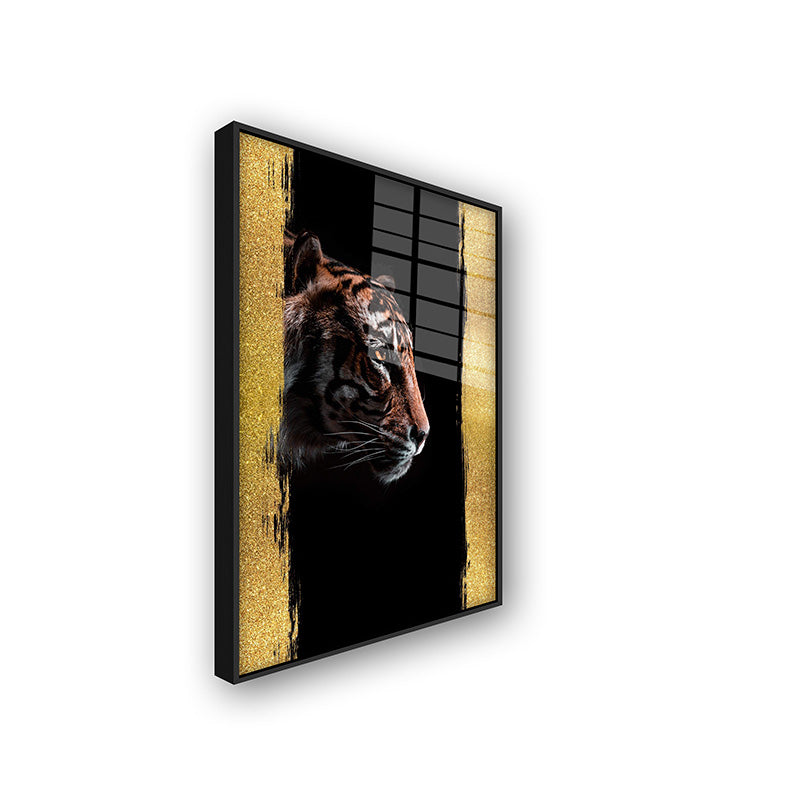 Golden Tiger painting in a black frame side view