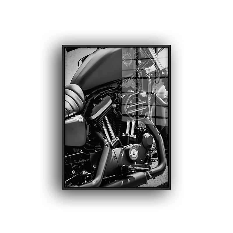 Painting of Harley Davidson in a black frame front view