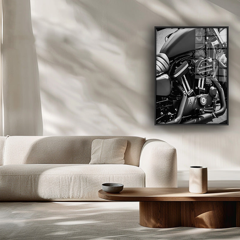 Painting of Harley Davidson in a black frame inside