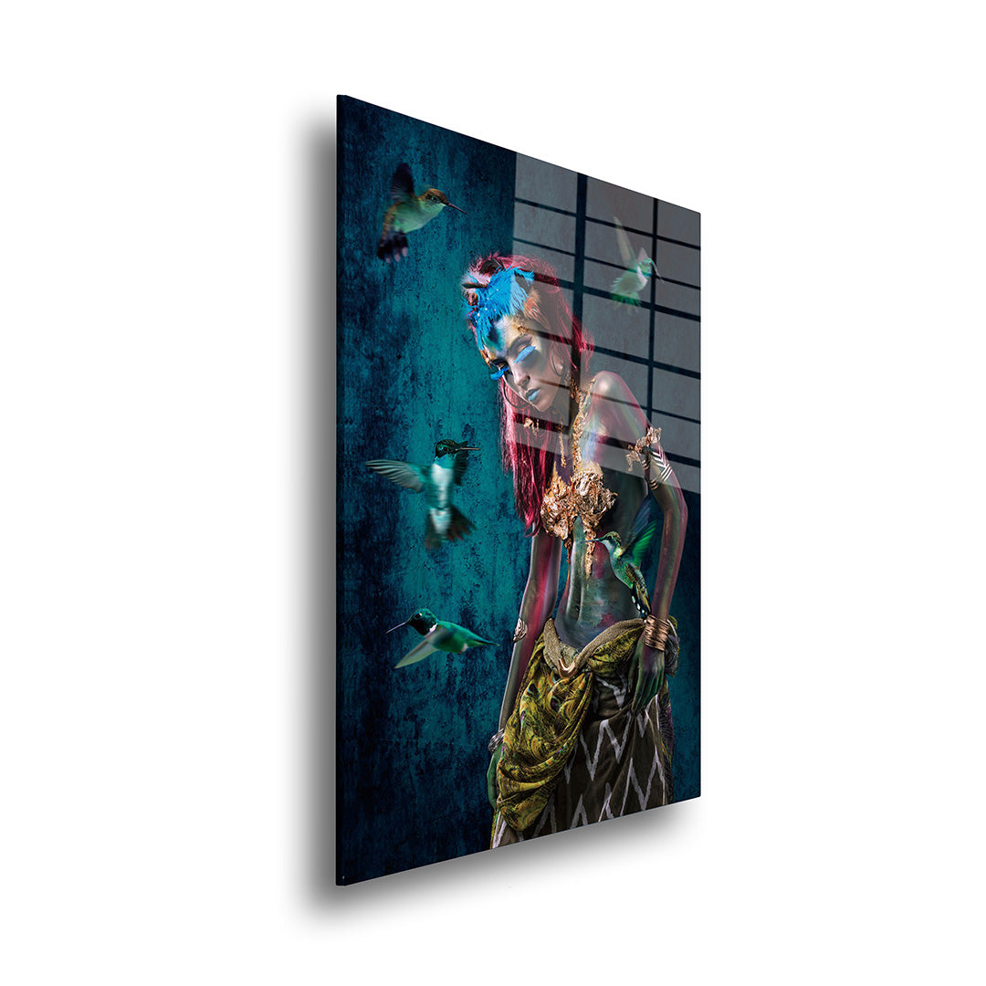 Hummingbird woman glass painting without frame side view