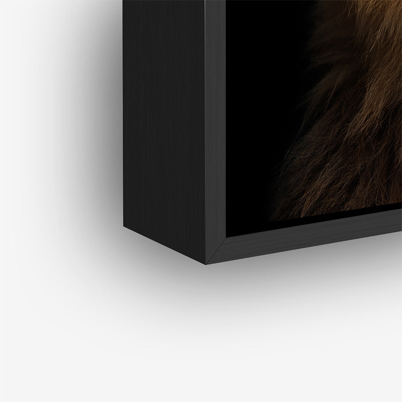 Painting of a lion in a black frame closeup