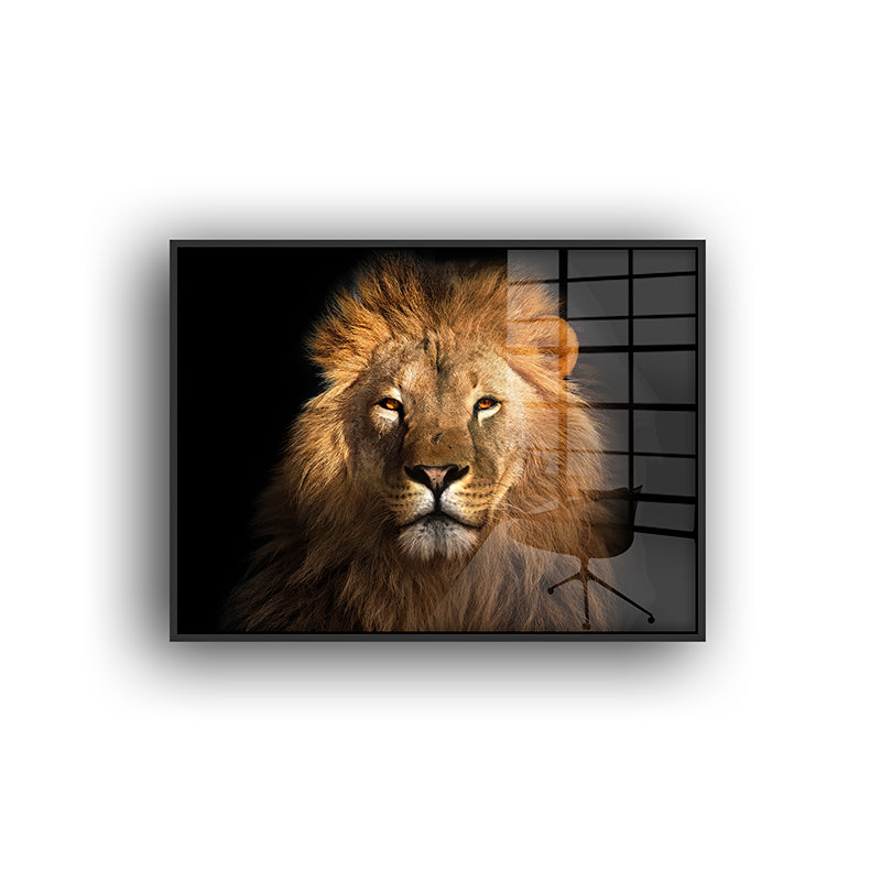 Color painting of a lion in a black frame front view