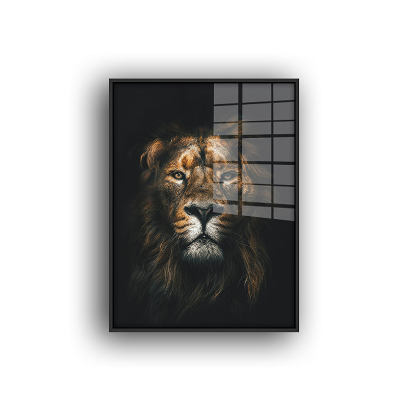 Painting of lion face in a black frame front view