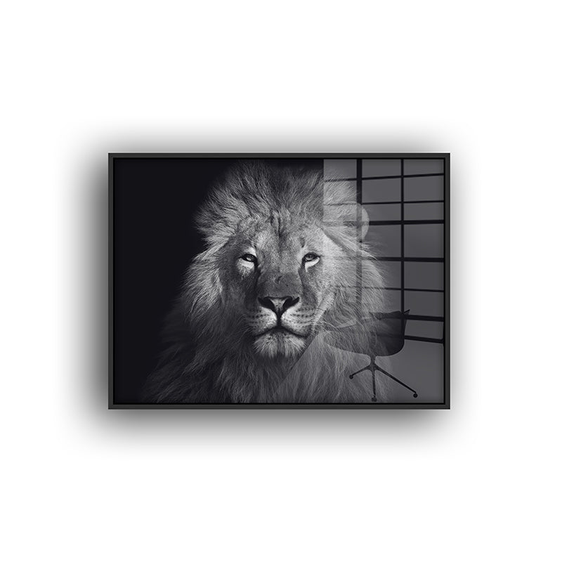 painting of a lion in a black frame front view