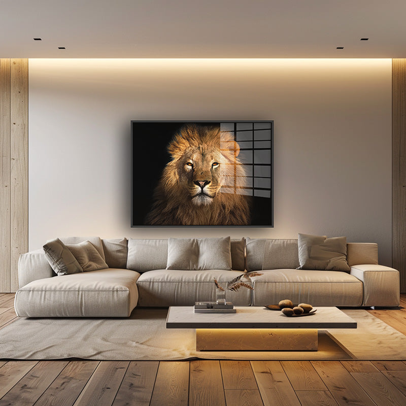 Painting of a lion in a black frame inside