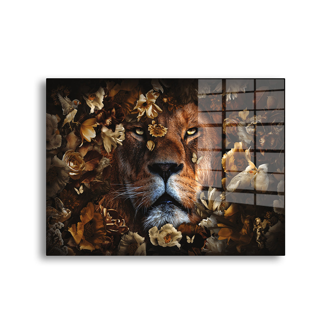 Lion with flowers glass painting without frame front view