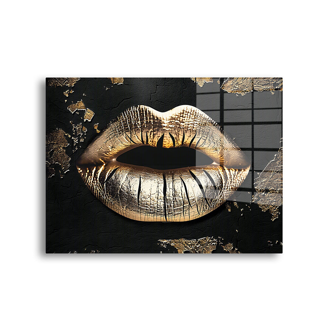 Lips gold black glass painting without frame front view