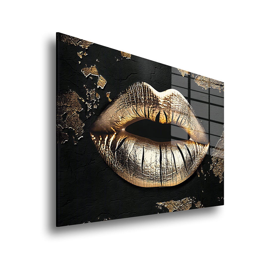 Lips gold black glass painting without frame side view