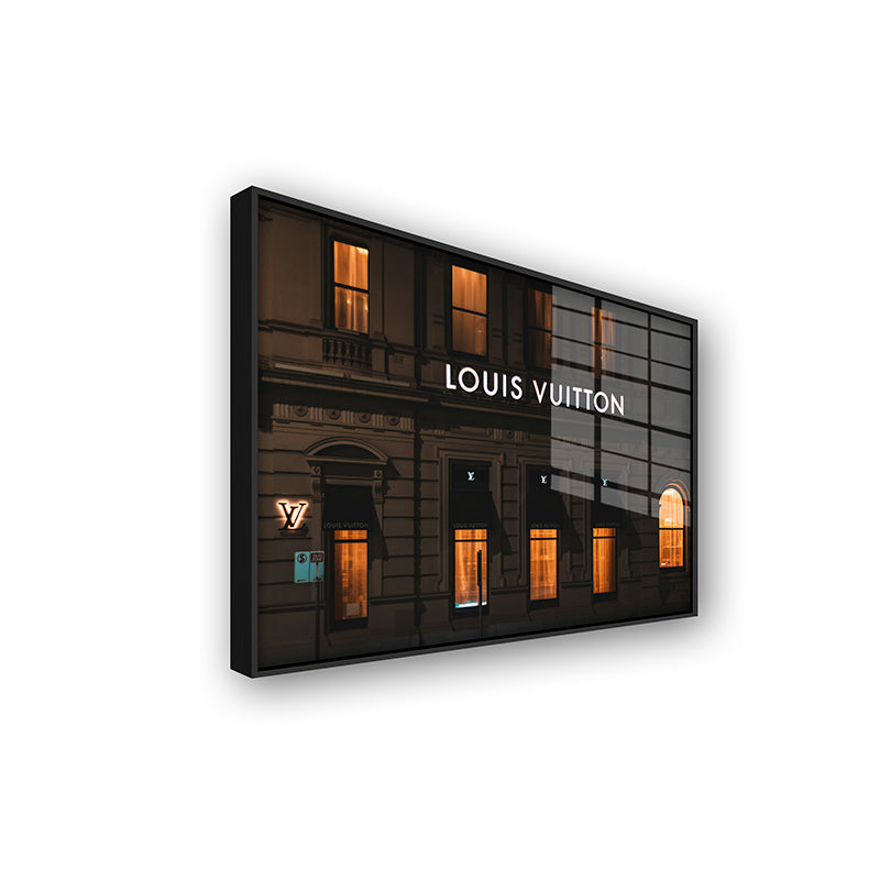 Painting of Louis Vuitton store in a black frame side view