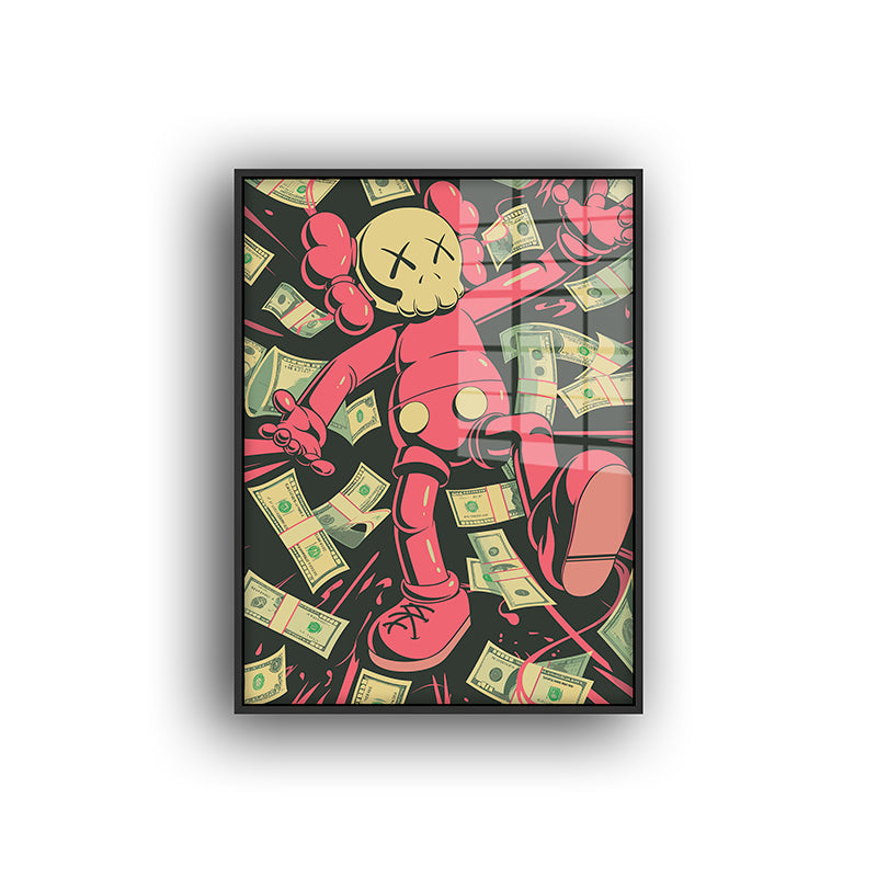 Painting of money Kaws in a black frame front view