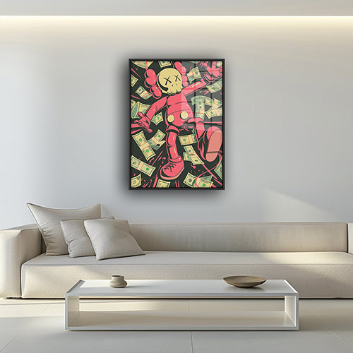 Painting of money Kaws in a black frame inside