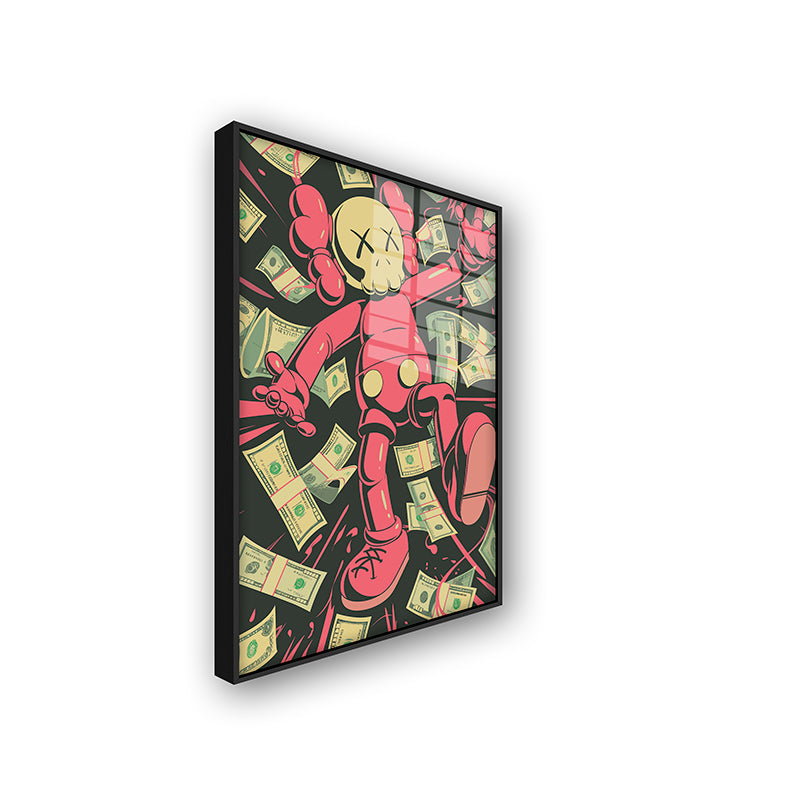 Painting of money Kaws in a black frame side view