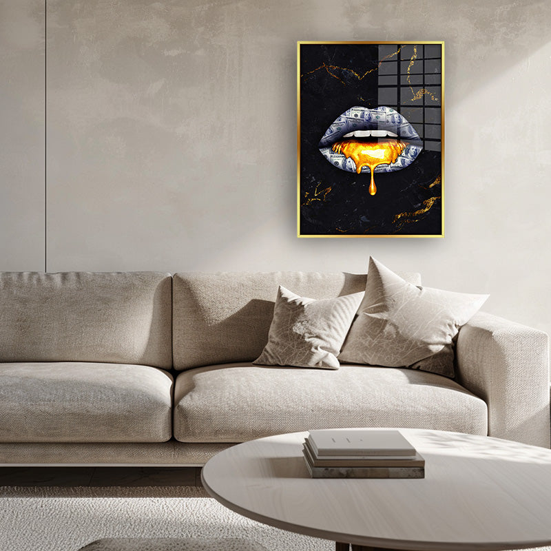 Money Lips painting in a gold frame inside