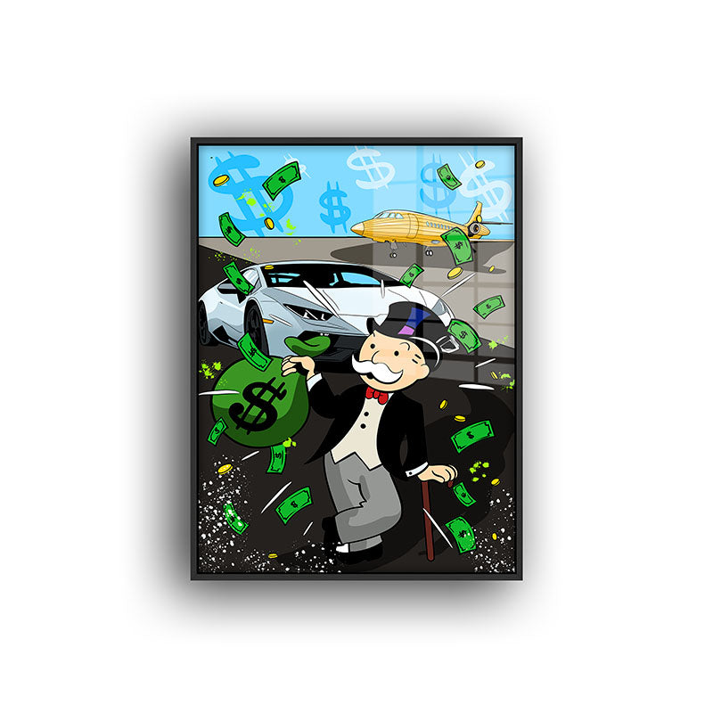 Painting of Monopoly lifestyle in a black frame front view