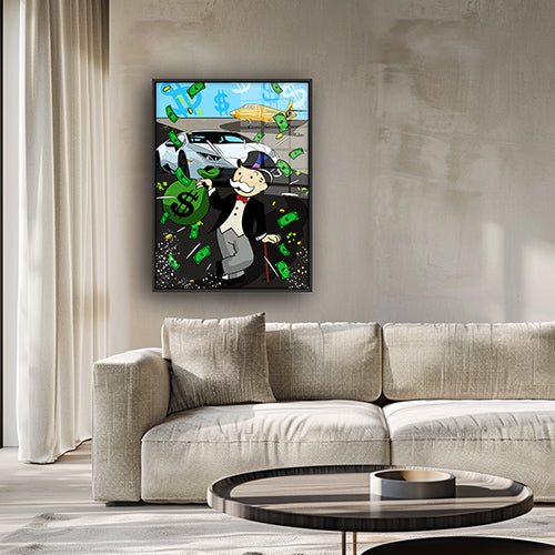 Painting of Monopoly lifestyle in a black frame inside