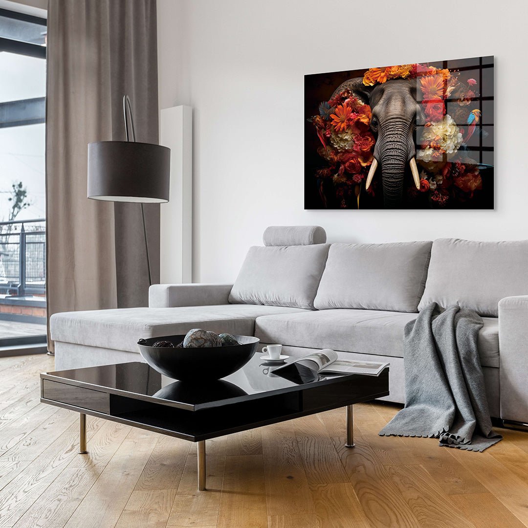 Olifant met bloemen glasschilderij interieur 