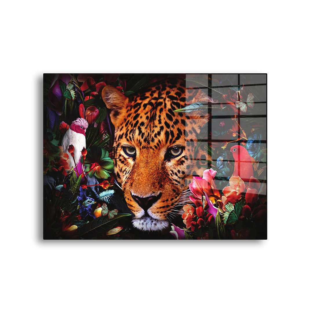 Panther with flowers glass painting without frame front view