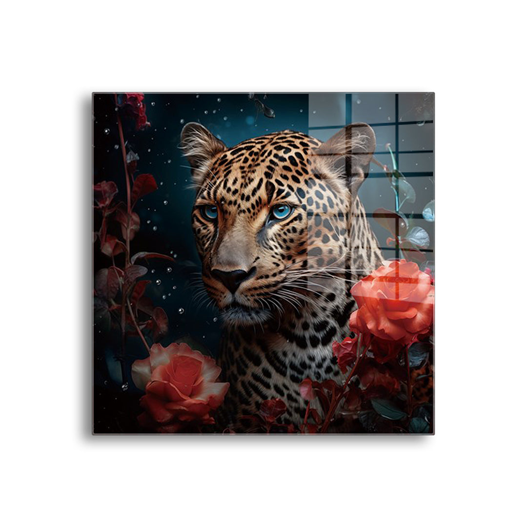 Panther with Roses glass painting without frame, front view