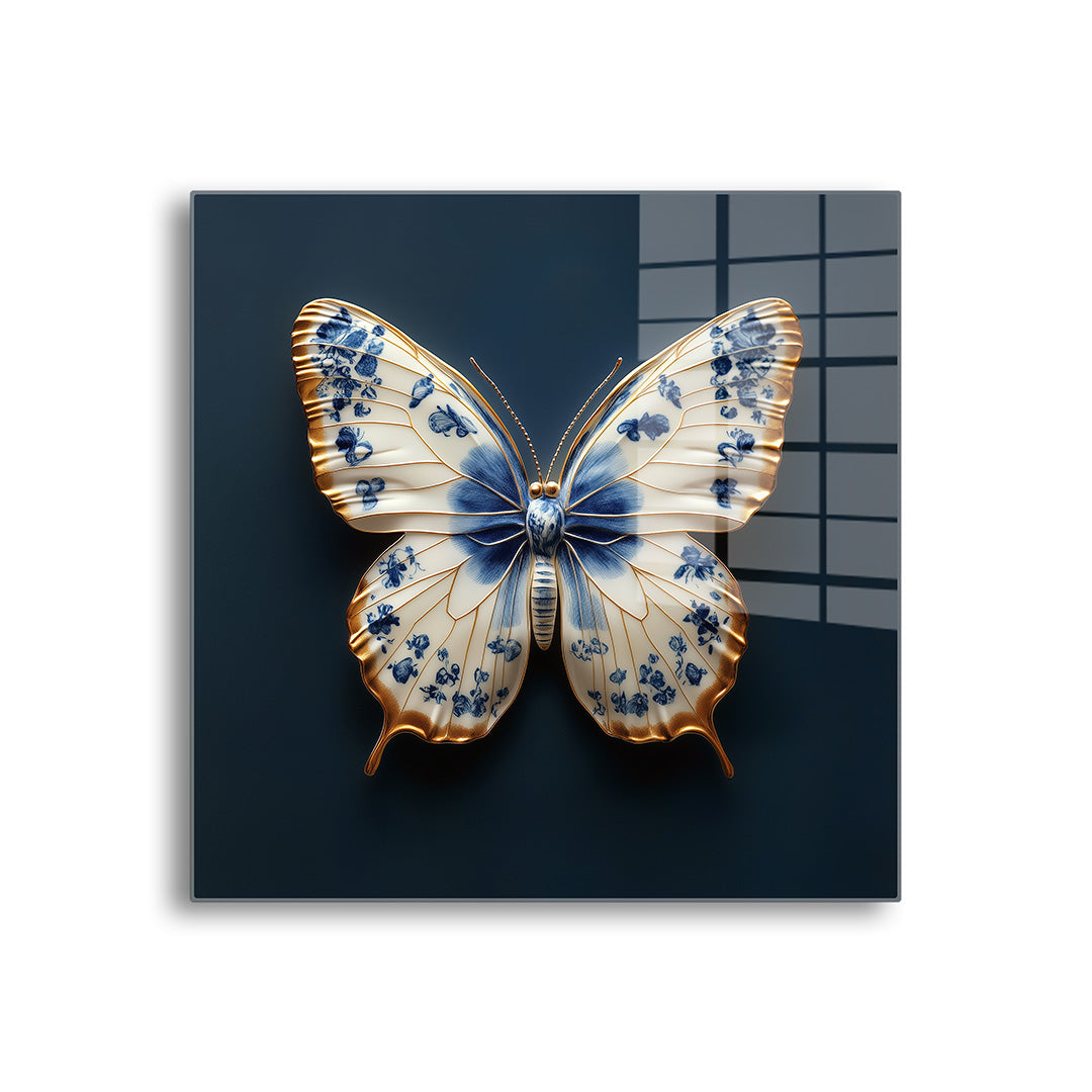 porseleinen delfts blauwe vlinder glasschilderij voorkant